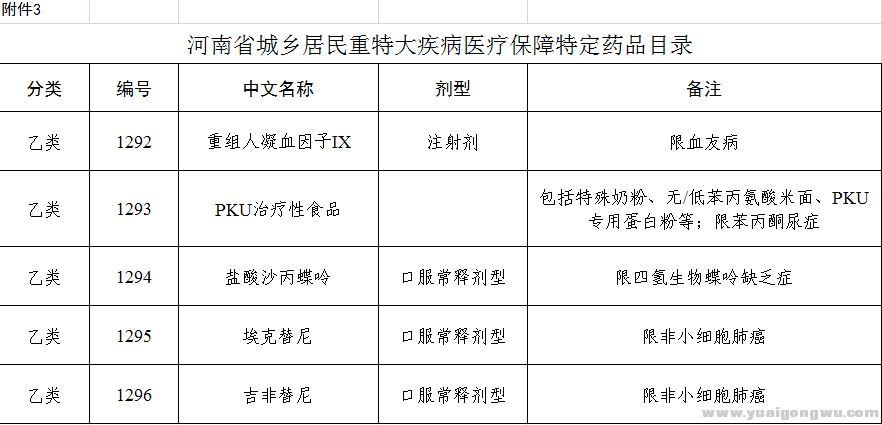 河南省城乡居民重特大疾病医疗保障特定药品目录